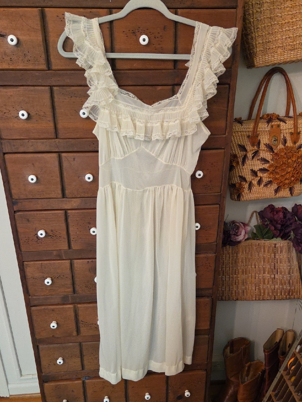 Vintage Cream Ruffle Slip Lingerie Bohemian Dress Size S